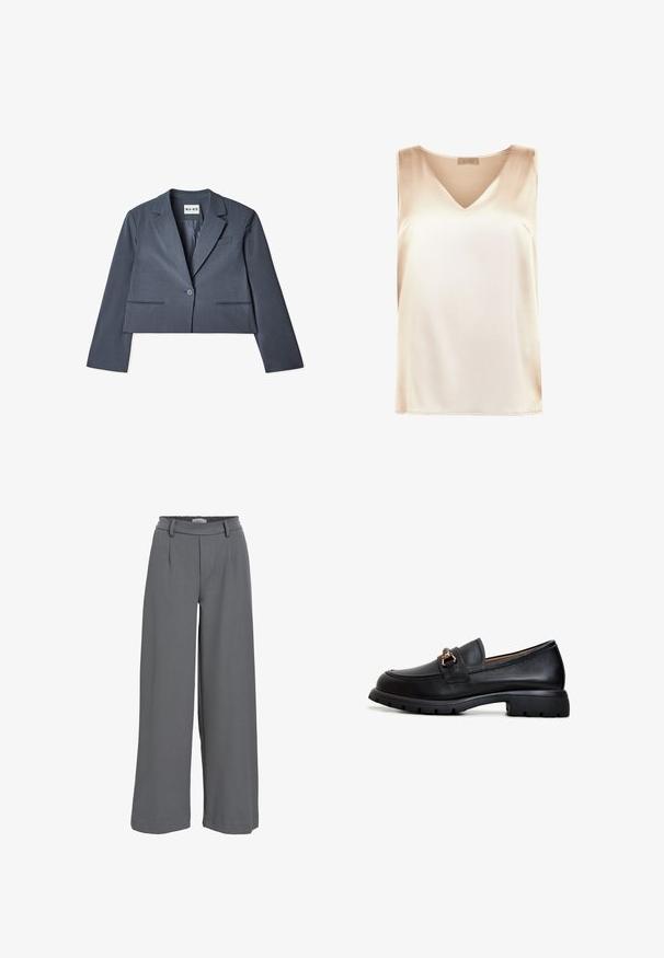 Skåret grå blazer lavet af glat stof, der har to forlommer, en enkelt knaplukning og en notched revers. Foring synlig indvendigt.; Beige ærmeløs top lavet af glat stof med v-hals design og lige kant. Minimalistisk stil uden yderligere mønstre eller accenter.; Breddebenede bukser i lyst grå stof med smocket talje, frontfald og en glat, blød tekstur.; Sort læder loafersko med rund tå, dekorativt guldsmykke og en robust gummisål med et struktureret grebmønster.