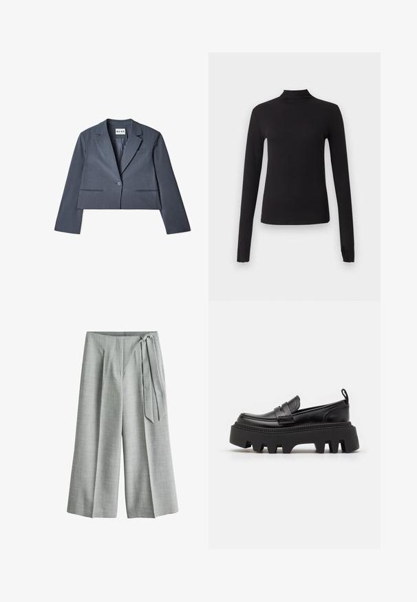Skåret grå blazer lavet af glat stof, der har to forlommer, en enkelt knaplukning og en notched revers. Foring synlig indvendigt.; Sort langærmet tætsiddende top med høj hals, vist på ensartet lysegrå baggrund.; Lysegrå bukser med brede ben, højt talje og bindebånd i siden på en ens hvid baggrund.; Sorte læder loafers med en kraftig sort gummisål, der har skridsikre riller og et dekorativt bånd over forsiden.