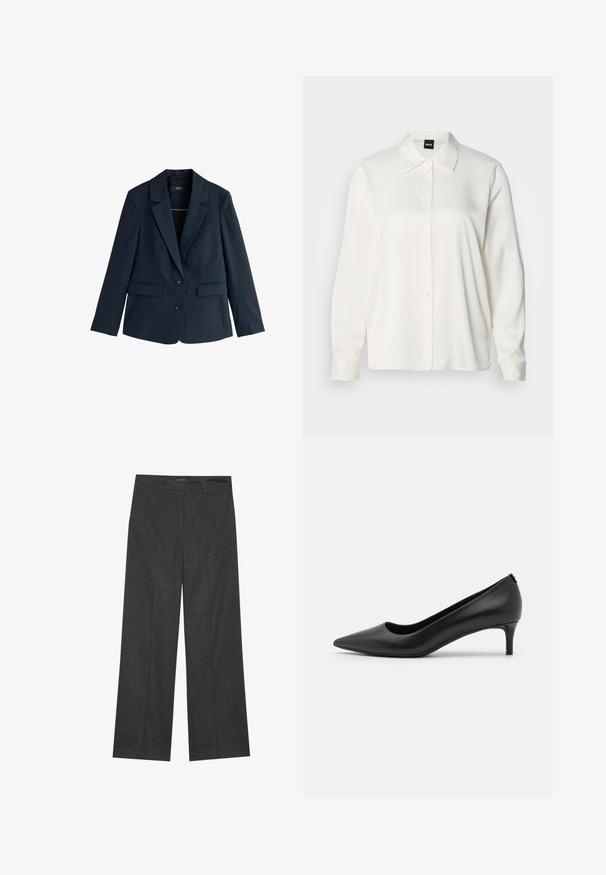 Blazer bleu marine cintré avec revers crantés, deux boutons, manches longues et poches à rabat sur fond blanc.; Chemise blanche à manches longues en tissu lisse, avec un col classique, une boutonnière à l'avant et des poignets boutonnés, offrant une coupe décontractée.; Pantalons larges gris foncé en tissu texturé, avec une taille plate, des passants de ceinture et une finition soignée à l'ourlet.; Escarpin noir en cuir avec un bout pointu et un petit talon. Texture lisse, design épuré et détails subtils au niveau du talon.