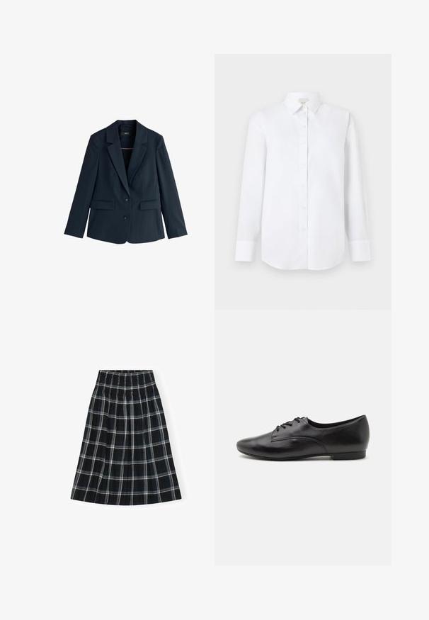 Marineblå skræddersyet blazer med hakkede revers, to knapper, lange ærmer og klaplommer på hvid baggrund.; Hvid langærmet skjorte lavet af glat stof, med knaplukning foran, klassisk krave og rundet bagkant med knappede manchetter.; Sorte og hvide ternet nederdel med smock-bånd i livet, knælang, med en flagrende design og blød stoffets tekstur.; Sorte lædersko med snørebånd, glat overflade, rund tå, lav hæl og enkelt design. Sidebillede der fremhæver den slanke form og syninger.