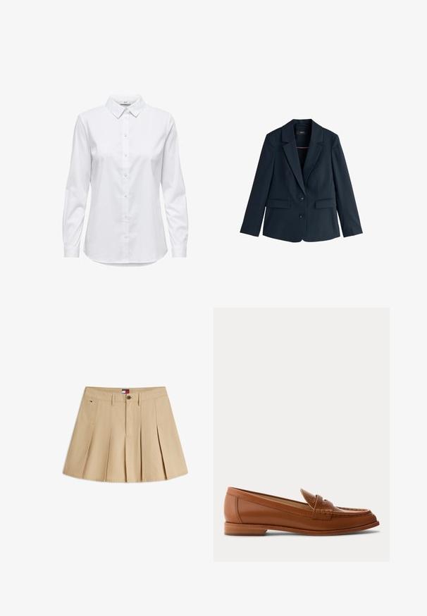 Blazer bleu marine cintré avec revers crantés, deux boutons, manches longues et poches à rabat sur fond blanc.; Chemise blanche à manches longues, dotée d'un col structuré et d'un ourlet arrondi. Fabriquée à partir d'un tissu lisse et uni, sans motifs ni accents visibles.; Mini-jupe plissée beige avec passants pour ceinture, fermeture boutonnée à l'avant, poches latérales et petit logo Tommy Hilfiger sur le côté gauche.; Mocassin en cuir marron avec petit talon en bois, bride classique pour pièce et détails cousus le long de la pointe et des côtés.