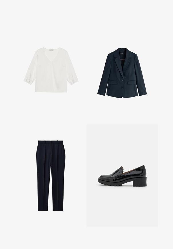 Marineblauw op maat gemaakte blazer met inkepingkraag, twee knopen, lange mouwen en klepzakken op een witte achtergrond.; Witte blouse met lange mouwen, een diepe V-hals, zacht satijnachtig materiaal en gathered manchetten voor een relaxed fit.; Marineblauwe op maat gemaakte broek met riemlussen, zijzakken, voorplooi en rechte pijpen.; Zwarte lakleren instappers met een lage chunky hak, voorzien van een voorste banddetail en een gestructureerde rubberen zool voor grip.