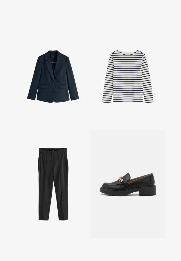 Marineblauw op maat gemaakte blazer met inkepingkraag, twee knopen, lange mouwen en klepzakken op een witte achtergrond.; Wit shirt met lange mouwen en horizontale marineblauwe strepen, met een ronde hals, plat neergelegd op een witte achtergrond.; Zwarte tapered broek met een gladde textuur, voorzien van twee voorste ritszakken en voorplooien voor een gestructureerd ontwerp.; Zwarte leren loafer met een chunky plateauzool, voorzien van een goudkleurige kettingaccent en zichtbare stikdetails. Gladde textuur en strak design.