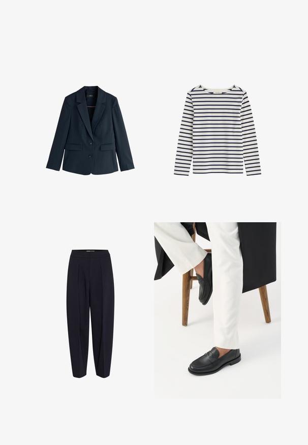 Marineblauer, maßgeschneiderter Blazer mit spitzem Revers, zwei Knöpfen, langen Ärmeln und Pattentaschen auf weißem Hintergrund.; Langärmliges weißes Hemd mit horizontalen dunkelblauen Streifen und rundem Ausschnitt, flach auf einem weißen Hintergrund liegend.; Marineblaues Hosenmodell mit hoher Taille, ausgestattet mit Frontfalten und schmalem Beinverlauf. Gefertigt aus einem glatten Stoff ohne sichtbare Beschläge oder Muster.; Person trägt schwarze Lederloafer und weiße Hose und sitzt auf einem Holzschemel vor einem weißen Hintergrund.