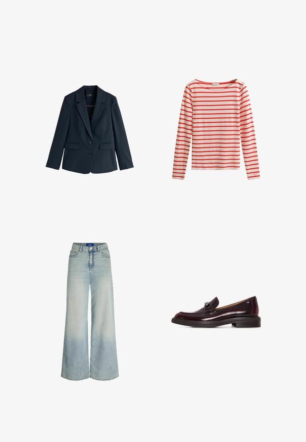 Blazer azul marino entallada con solapas de muesca, dos botones, mangas largas y bolsillos con solapa sobre fondo blanco.; Camisa blanca de manga larga con rayas horizontales rojas uniformemente espaciadas y cuello redondo, etiqueta de la marca GANT en el puño y en el interior del cuello.; Jeans de pierna ancha hechos de denim azul claro, con una cintura alta, diseño de cinco bolsillos y un ligero desvanecimiento en la textura de la tela.; Cesare Gaspari Zapatos sin cordones - bordo