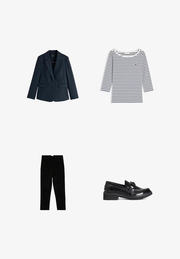 Blazer azul marino entallada con solapas de muesca, dos botones, mangas largas y bolsillos con solapa sobre fondo blanco.; Camisa blanca de manga larga con rayas horizontales azul marino y un pequeño logo rojo, blanco y azul en el pecho izquierdo, con cuello redondo.; Pantalones negros a medida hasta el tobillo con bolsillos laterales y pierna ligeramente entallada, mostrados extendidos sobre un fondo blanco.; Mocasines de charol negro con puntera redonda, un acento trenzado y una suela de goma negra gruesa. Textura suave y diseño elegante.