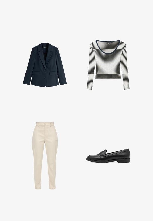 Marineblauw op maat gemaakte blazer met inkepingkraag, twee knopen, lange mouwen en klepzakken op een witte achtergrond.; Witte lange mouwen shirt met smalle marineblauwe horizontale strepen en marineblauwe rand rond de ronde hals, met klein gouden logo bij de zoom.; s.Oliver MIT TAPERED LEG - Chino - beige; Zwarte leren instapper met een gladde textuur, voorzien van een gevlochten accent over de bovenkant en een lage, ronde hak. Eenvoudig ontwerp en vorm.