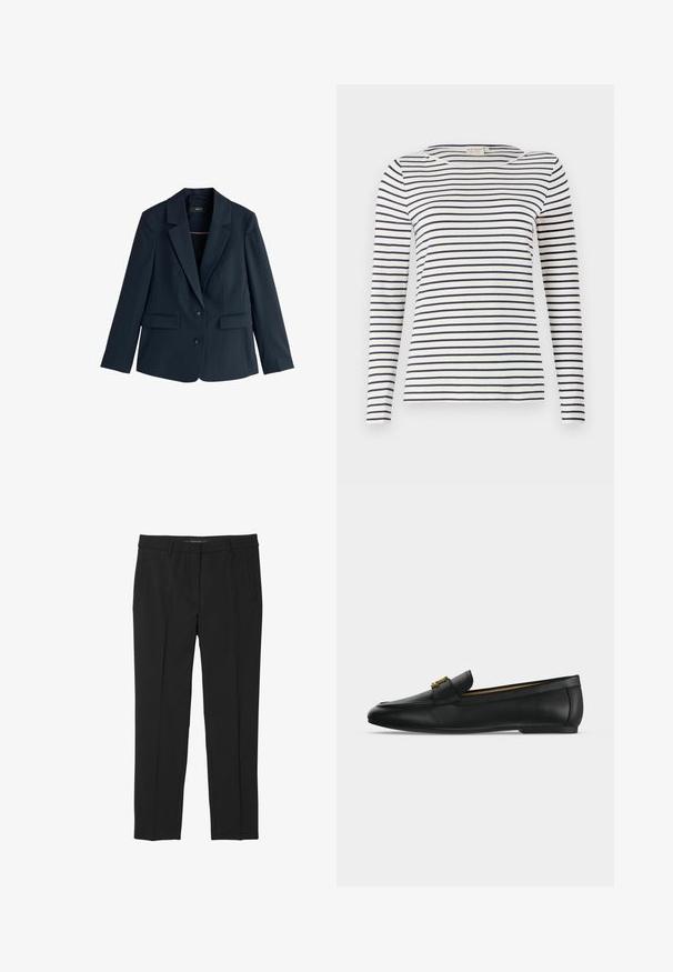 Marineblauw op maat gemaakte blazer met inkepingkraag, twee knopen, lange mouwen en klepzakken op een witte achtergrond.; Langsleeve gestreepte shirt gemaakt van zachte stof, met navy en witte horizontale strepen, ronde halslijn en een slim-fit ontwerp.; Zwarte broek van gladde stof, met een rechte pijp, voorzakken en een platte tailleband zonder zichtbare sluitingen.; Zwarte leren loafer met een gouden metalen gesp bovenop, platte zool en een gestikt ontwerp langs de bovenrand.