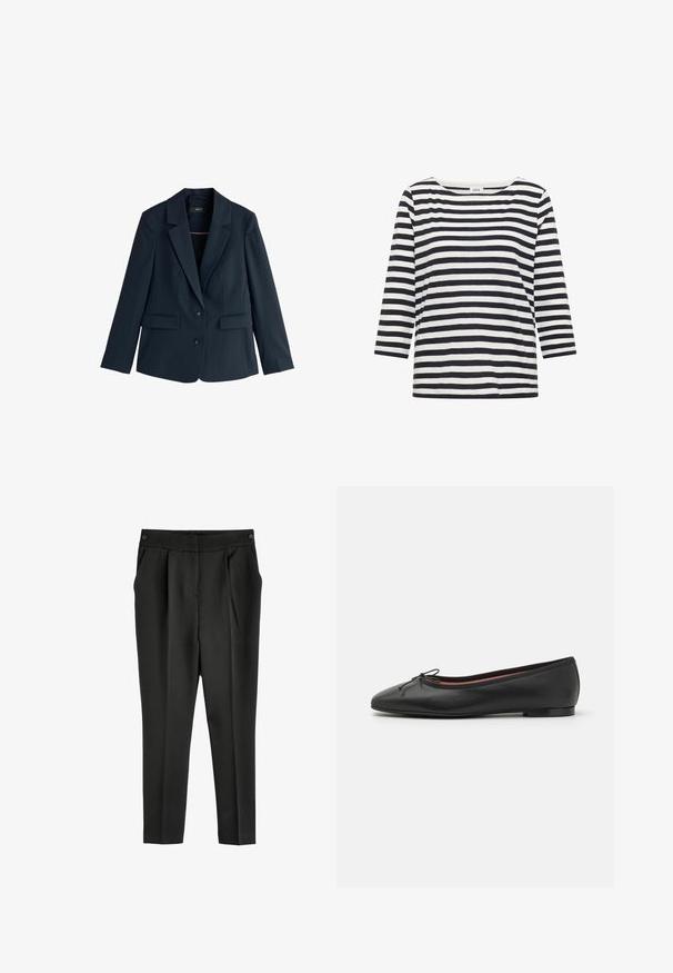 Blazer bleu marine cintré avec revers crantés, deux boutons, manches longues et poches à rabat sur fond blanc.; Chemise à manches longues à rayures horizontales noires et blanches, avec un col rond et une étiquette portant la mention "Cecil" au niveau du col.; Pantalons noirs taille haute avec une finition texturée, présentant des plis avant, des poches latérales et une fermeture à bouton à la taille.; Ballerines en cuir noir avec un bout arrondi, détail de nœud à l'avant et un talon bas et plat. Texture lisse et design épuré.