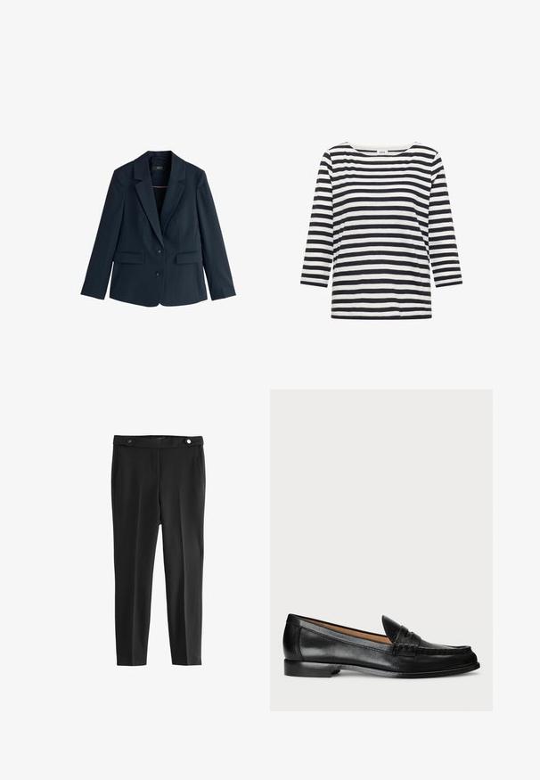 Marineblauw op maat gemaakte blazer met inkepingkraag, twee knopen, lange mouwen en klepzakken op een witte achtergrond.; Zwart-wit horizontaal gestreept shirt met lange mouwen, een ronde hals en een label met "Cecil" bij de kraag.; Zwarte op maat gemaakte broek met een gladde textuur, voorzien van twee voorzakken en een tailleband met twee ronde zwarte knopen.; Lauren Ralph Lauren WYNNIE - Instappers - black