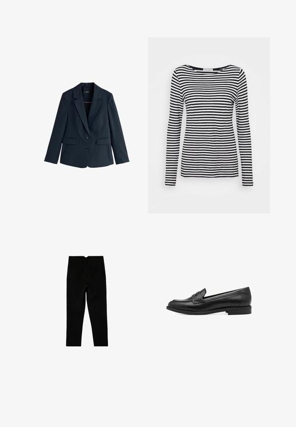 Blazer azul marino entallada con solapas de muesca, dos botones, mangas largas y bolsillos con solapa sobre fondo blanco.; Camisa de manga larga y cuello redondo con un patrón de rayas en blanco y negro. Fabricada con una tela suave y de corte regular. Diseño limpio y minimalista.; Pantalones negros a medida hasta el tobillo con bolsillos laterales y pierna ligeramente entallada, mostrados extendidos sobre un fondo blanco.; Mocasines de piel negra con una textura suave, que presentan un detalle trenzado en la parte superior y un tacón bajo y redondeado. Diseño y forma simples.