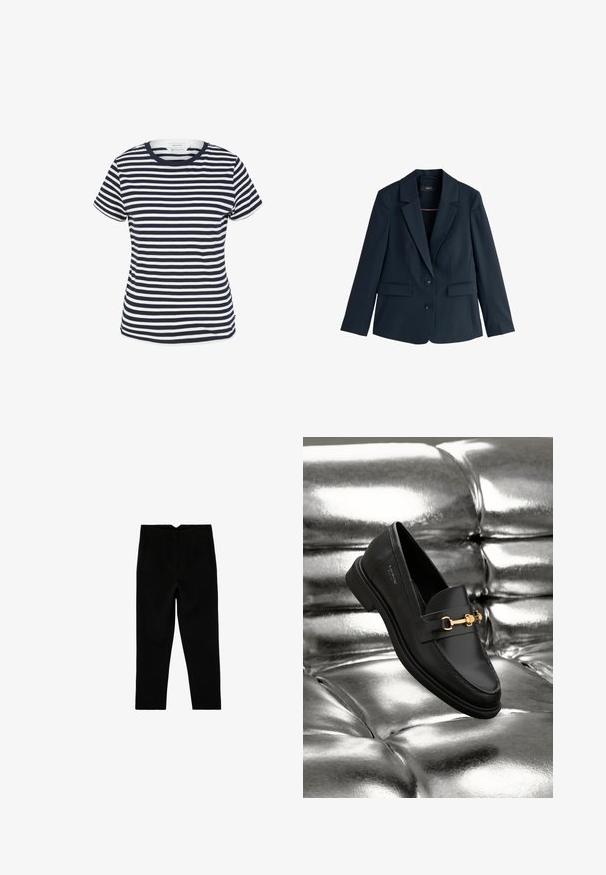 Marineblauer, maßgeschneiderter Blazer mit spitzem Revers, zwei Knöpfen, langen Ärmeln und Pattentaschen auf weißem Hintergrund.; Navy- und weiß gestreiftes T-Shirt aus Bio-Baumwolle, mit Rundhalsausschnitt und kurzen Ärmeln, mit geradem Saum am unteren Ende.; Schwarze, maßgeschneiderte, knöchellange Hose mit Seitentaschen und leicht zulaufendem Bein, flach auf weißem Hintergrund ausgelegt.; Schwarze Leder-Loafer mit goldfarbener Hardware. Der Schuh zeichnet sich durch ein elegantes Design und eine glatte, glänzende Oberfläche aus.