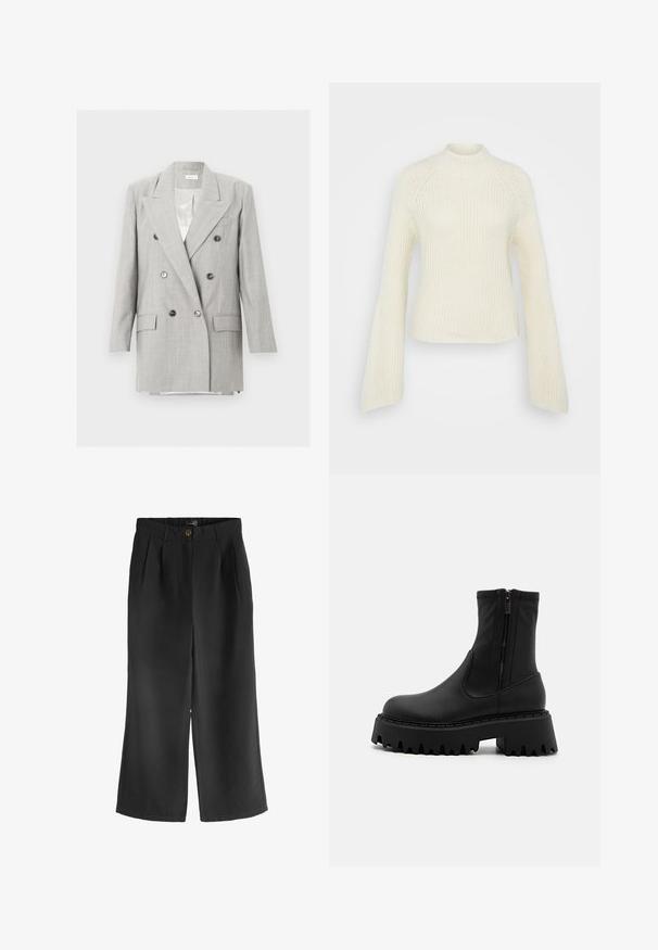 Lysegrå dobbeltradet blazer med hakrevers, seks knapper, to klaplommer og en brystlomme udenpå, vist på en ensfarvet baggrund.; Strik creme sweater med høj hals, lange flared ærmer og ribbet tekstur. Lige kant og tætsiddende silhuet.; Sorte vide bukser lavet af letvægtsstof, med knaplukning, folder foran og en glat tekstur.; Sorte ankelstøvler lavet af mat syntetisk materiale, med en sidelukning, en chunky platformsål med tandskær og forstærkede sømme.