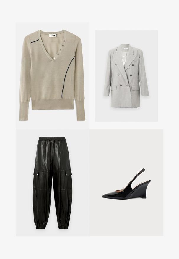 Lysegrå dobbeltradet blazer med hakrevers, seks knapper, to klaplommer og en brystlomme udenpå, vist på en ensfarvet baggrund.; V-hals sweater i lys beige strik, med en marineblå accentlinje og fem-knap detalje foran, med lange ærmer og ribbede manchetter.; Sorte cargo-bukser i imiteret læder med elastisk talje, lommer med klap og trykknap på siderne samt elastiske manchetter ved anklerne.; Sort laklæder kilehæl sandal med spids tå og justerbar ankelrem på hvid baggrund.