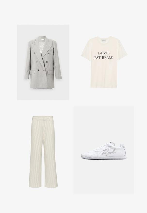 Hellgrauer doppelreihiger Blazer mit Reverskragen, sechs Knöpfen, zwei Pattentaschen und einer Brustleistentasche, präsentiert vor einem schlichten Hintergrund.; Cremfarbendes Baumwoll-T-Shirt mit kurzen Ärmeln und rundem Ausschnitt. Mit schwarzem Text "LA VIE EST BELLE", der in der Mitte der Vorderseite platziert ist.; Weite Hose aus cremefarbenem Stoff mit dezenten vertikalen Streifen, ausgestattet mit einem flachen Bund und Gürtelschlaufen. Glatte Textur ohne Taschen.; Weißer Sneaker mit flachem Schnitt und wellenförmiger Textur, Schnürdesign und silberner "Karl"-Stickerei an der Seite, auf einfarbigem Hintergrund präsentiert.