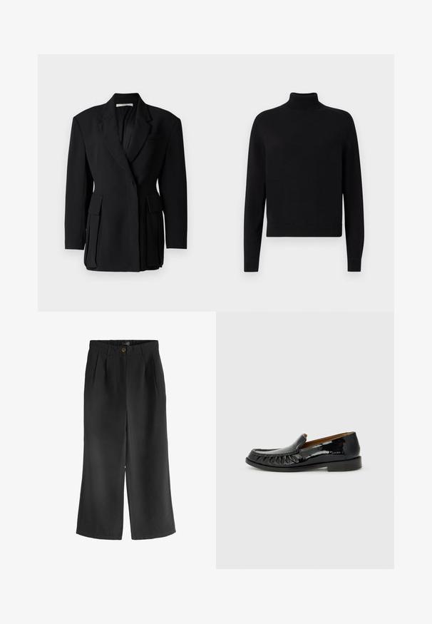 Blazer negro con diseño de un solo boton, solapas con muesca, dos bolsillos frontales de parche y un acabado de tela texturizada.; Suéter negro de cuello alto con mangas largas, puños acanalados y un dobladillo ajustado. Textura suave, diseño sencillo y color sólido sin patrones.; Pantalones de pierna ancha negros con cintura alta, pliegues frontales y un solo botón marrón de cierre. Textura suave, tela ligera.; Mocasines de charol negro con un diseño de flecos en la parte delantera y puntera redonda. La suela es plana y texturizada para mayor agarre.