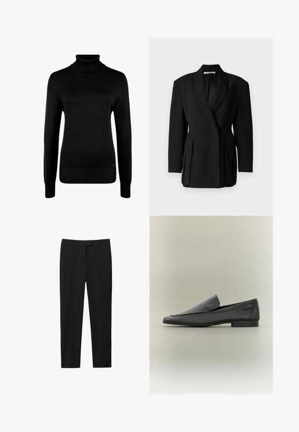 Blazer noir avec un design à un seul boutonnage, des revers crantés, deux poches avant plaquées et une finition en tissu texturé.; Pull noir à col roulé manches longues avec poignets et ourlet côtelés, présenté sur fond blanc.; Pantalon noir au design ajusté, à plat devant, avec deux poches latérales et une coupe droite. Fabriqué dans un tissu lisse avec un subtil lustre.; Mocassins en cuir noir avec une finition lisse, un bout pointu et un design minimaliste. Talon bas empilé et accents de couture subtils.