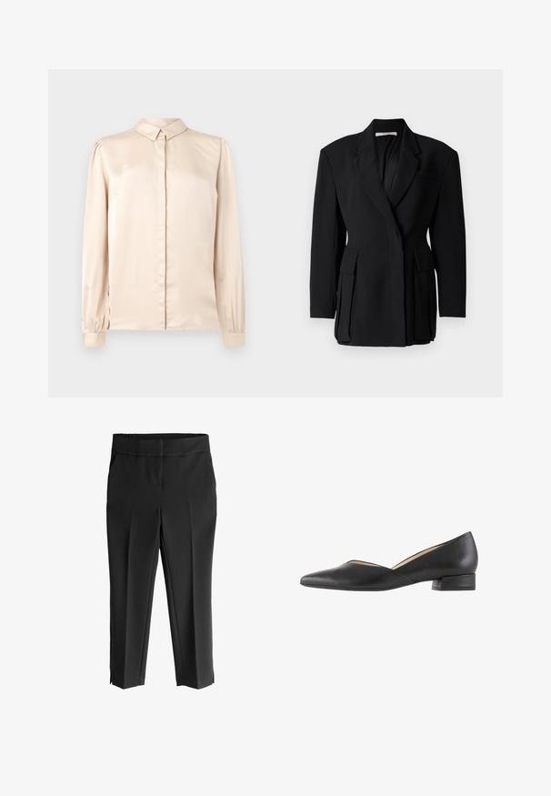 Blazer negro con diseño de un solo boton, solapas con muesca, dos bolsillos frontales de parche y un acabado de tela texturizada.; Camisa de satén beige de manga larga con cuello abotonado, pliegue frontal y mangas abullonadas recogidas en los puños. Textura suave y brillante.; Pantalones negros ajustados con una textura suave, que presentan una cinturilla ancha, dos bolsillos laterales y aberturas en el dobladillo para un acabado moderno.; Zapatos de cuero negros de tacón bajo con punta afilada y un diseño recortado a lo largo de los lados, creando una silueta elegante.