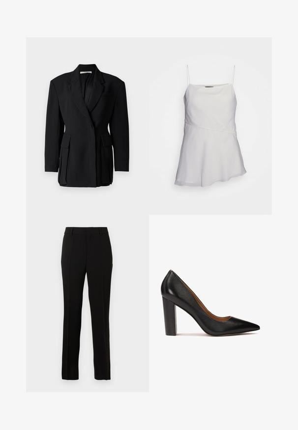 Blazer noir avec un design à un seul boutonnage, des revers crantés, deux poches avant plaquées et une finition en tissu texturé.; Haut blanc sans manches avec des bretelles fines, une coupe décontractée et un design asymétrique. Fabriqué dans un tissu lisse et léger.; Pantalons noirs ajustés en tissu lisse, présentant une coupe droite, des plis creux, des passants de ceinture et une fermeture éclair.; Escarpin noir en cuir avec un bout pointu, finition texturée et un talon épais. Design simple avec une doublure intérieure lisse.
