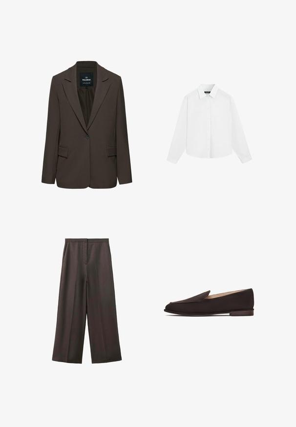 Mørkebrun enkelknappet blazer med hakkede revers og forlommer med klap, mærke Pull&Bear, størrelse EUR M USA M MEX 28.; Hvid langærmet skjorte med knapper og krave, vist fladt mod en hvid baggrund.; Mørkebrune bukser med vide ben, side lommer og en skjult lukning foran, vist på en hvid baggrund.; Sorte loafers med en glat stofoverdel, spids tå og lavt træhæl. Har et enkelt slip-on design uden synligt udstyr eller pynt.