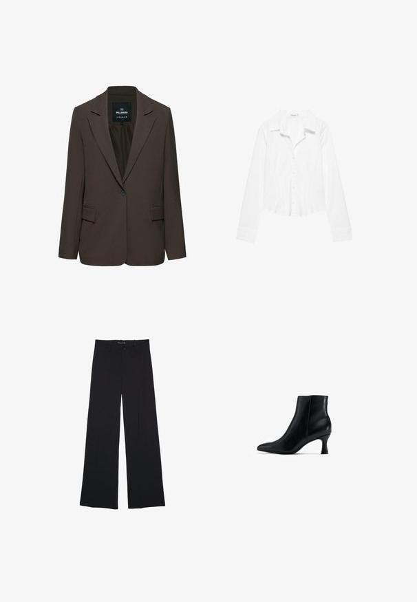 Donkerbruine blazer met enkele knoop, met notched revers en klepzakken aan de voorkant, label Pull&Bear, maat EUR M USA M MEX 28.; Wit overhemd met lange mouwen, kraag, licht getailleerde taille en met knopen gesloten manchetten, getoond op een witte achtergrond.; Zwarte broek met wijde pijpen, voorzien van ceintuurlussen, een knoopsluiting aan de voorkant en een rits, plat gelegd op een witte achtergrond.; Zwarte leren enkellaars met een spitse neus, slank ontwerp en een taps toelopende, gebogen hak. Gladde textuur met minimale accentdetails.