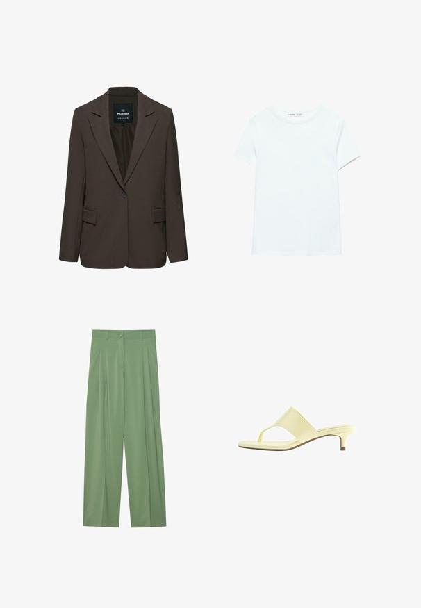 Blazer marron foncé à un bouton avec revers crantés et poches à rabat devant, étiquette Pull&Bear, taille EUR M USA M MEX 28.; T-shirt blanc uni en coton à manches courtes, col rond, présenté à plat sur un fond blanc, sans motifs ni logos visibles.; Pantalons larges verts fabriqués en tissu lisse. Présentent des plis à l'avant, une fermeture à bouton unique et des passants de ceinture.; Sandale à talon jaune clair avec bride entre les orteils et petit talon kitten, vue de profil sur fond blanc.