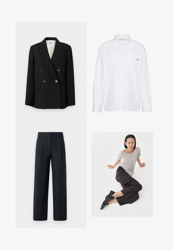 Sort dobbelbrystet blazer lavet af glat stof, med spidse klapper, to forlommer og sorte knapper. Foret indeni.; Hvid skjorte med lange ærmer og knapper, spidse krave og lille Calvin Klein-logo på venstre brystlomme.; Sorte skræddertræksbukser med lige ben-design, der har frontfolder, en glat tekstur og bæltestropper. Ingen synlige lommer.; Lysegrå top med korte ærmer, mørke bukser med vide ben og sorte loafers. Glat stof, afslappet pasform og kontrastfarvet kant på skjorten.