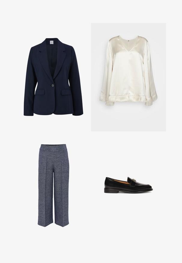 Navyblauer Blazer aus glattem Stoff, mit einem einzelnen Knopfverschluss, Reverskragen und zwei vorderen Taschen. Einfaches, strukturiertes Design.; By Malene Birger EXCLUSIVE AVELAS - Bluse - pearl; Weite Hosen aus strukturiertem marineblauen Stoff, mit hohem Bund und klaren Vorderfalten für ein strukturiertes Design.; Schwarze Lederloafer mit abgerundeter Zehenpartie, schlanker Silhouette und einem dekorativen Riemen mit metallischen Akzenten auf dem Spann. Flache Gummisohle.