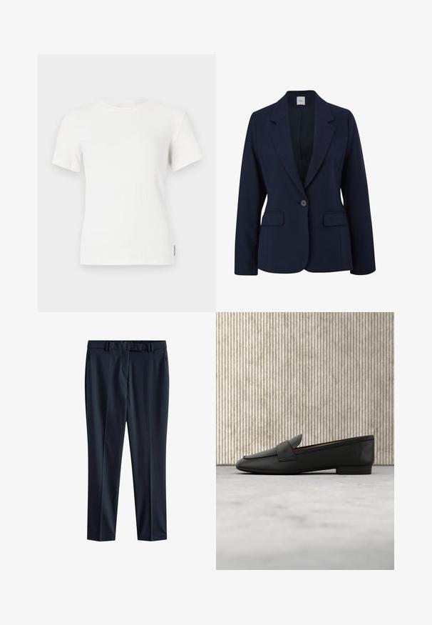Blazer bleu marine en tissu lisse, doté d'une fermeture à un bouton, de revers crantés et de deux poches avant. Design simple et structuré.; T-shirt à manches courtes côtelé blanc avec un col rond. Texture douce, design ajusté et détails de couture minimalistes.; Pantalon bleu marine en tissu lisse avec une coupe droite, doté d'une taille avec passants de ceinture et de poches latérales.; Mocassins en cuir noir avec un accent doré, un bout rond et une texture lisse, suspendus au-dessus d'une surface réfléchissante avec des étagères métalliques.