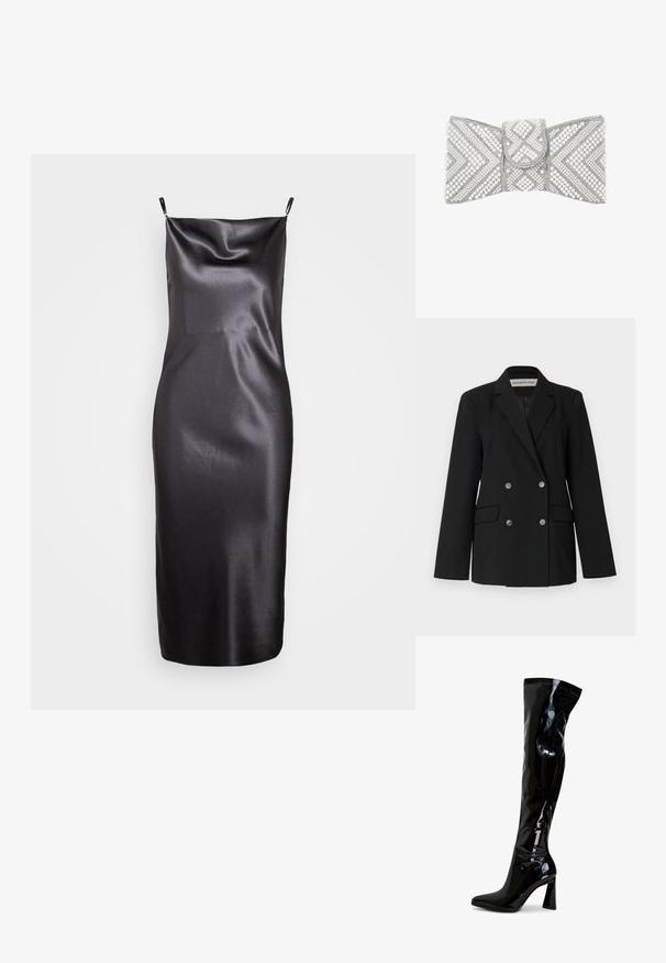Musta kaksirivinen bleiseri terävillä kauluskäänteillä, kahdella etutaskulla ja kuudella koristepainikkeella. Sileä kangas ja räätälöity istuvuus.; Samsøe Samsøe FREDERICKA LONG DRESS - Juhlamekko - ombre dark; Musta patenttinahkainen reidestä ylöspäin ulottuva saapas, jossa on kärjestään kärkinen terävä kärki, neliönmuotoinen tolppakorko ja sileä, kiiltävä pinta. Ei näkyvissä olevia metalliosia.; Käsilaukku, jossa valkoisia helmiä ja hopeisia helmiä koristeena geometrisissa chevron- ja timanttikuvioissa, keskellä läppäkiinnitys.