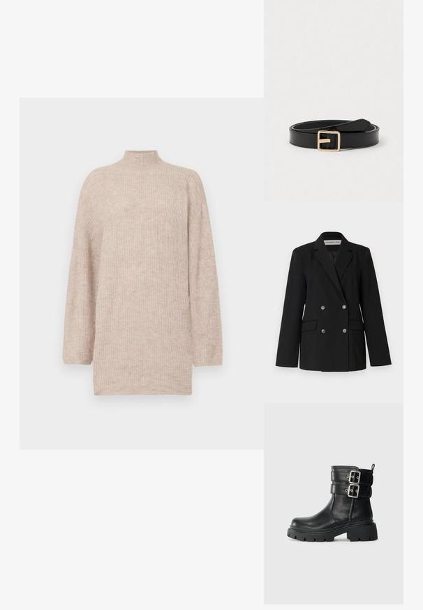 Zwarte double-breasted blazer met scherpe revers, twee voorzakken en zes decoratieve knopen. Gladde stof met een getailleerde pasvorm.; Beige trui met hoge hals en verlaagde schouders, gemaakt van ribbelbrei materiaal. Ontspannen pasvorm met lange mouwen en een gladde textuur.; Zwarte leren enkellaars met dikke zool en twee zilveren gespbanden aan de zijkant, geïsoleerd op een lichte achtergrond.; Zwarte leren riem gerold met een gouden vierkante gesp op een eenvoudige lichte achtergrond.