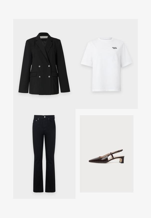 Blazer noir croisé à double rangée de boutons avec des revers nets, deux poches avant et six boutons décoratifs. Tissu lisse avec une coupe ajustée.; T-shirt en coton blanc avec un col rond et des manches courtes, arborant un petit logo noir brodé sur le haut à gauche de la poitrine.; Jean évasé en denim noir avec une coupe classique à cinq poches, doté d'une fermeture à bouton frontale et de détails de couture subtils.; Escarpin slingback marron à bout pointu avec talon bloc bas, motif crocodile, découpe latérale et bride à boucle réglable, présenté sur fond blanc.