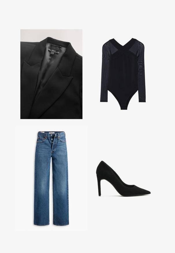 Schwarzer Blazer mit satinierter Oberfläche, scharfen Revers und einer einzigen Brusttasche. Verfügt über ein innen angebrachtes Markenlabel. Glatte Textur.; Schwarzer Bodysuit mit langen Mesh-Ärmeln, tiefem V-Ausschnitt und figurbetontem Design, das den glatten Stoff und die schlichte Konstruktion betont.; Blaue Denim-Jeans mit weitem Bein, fünf Taschen, Knopfverschluss und kontrastierenden Nähten. Strukturierter Stoff mit einem verblassten Finish.; Schwarzer Wildleder-High-Heel-Pumps mit spitzer Zehenform, glatter Textur und eleganter Silhouette; verfügt über einen Stiletto-Absatz und minimalistisches Design.