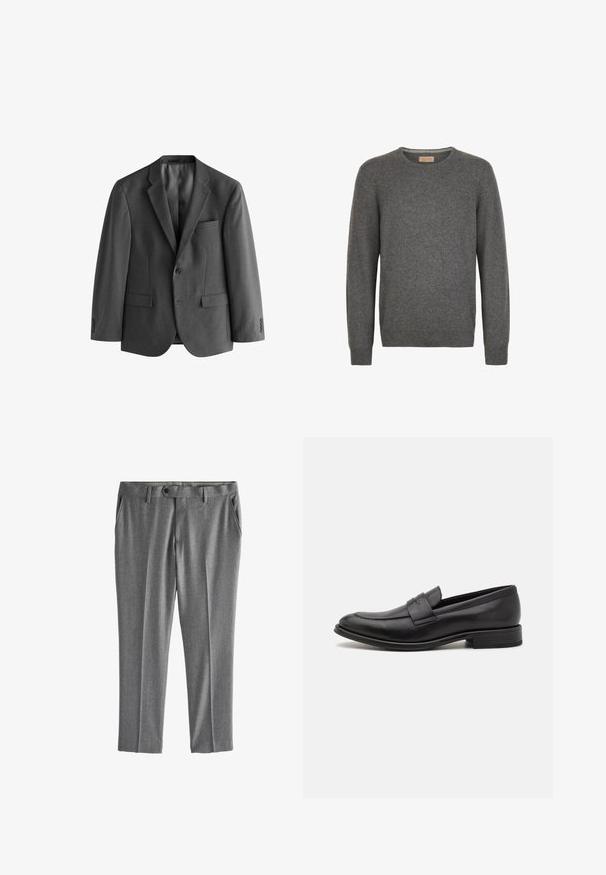 Grå blazer lavet af tekstureret stof, med en enkelt knaplukning, stiklapeller og en brystlomme. To forlommer inkluderet.; Mørkegrå langærmet rundhalset sweater lavet af blødt stof med ribstrikkede manchetter og kant mod en hvid baggrund.; Grå formelle bukser med bæltestropper, frontknaplukning og sidelommer, vist fladt på hvid baggrund.; Sort læderloafer med en glat finish, en dekorativ rem over vristen, rund tå og en lav stablet hæl.