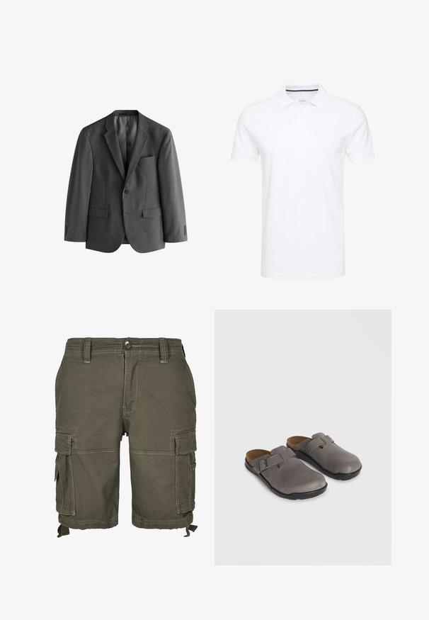 Blazer gris de tejido texturado, con cierre de un solo botón, solapas de muesca y bolsillo en el pecho. Incluye dos bolsillos frontales.; Camisa polo blanca de algodón, con un cuello tradicional, mangas cortas y tapeta de tres botones con sutiles detalles en azul marino en el interior.; Pantalones cortos cargo en verde oliva, fabricados con tejido duradero, que cuentan con múltiples bolsillos laterales, pasantes para cinturón y detalles cosidos para añadir textura.; Par de zuecos grises sin cordones con correas ajustables y suelas negras, expuestos sobre un fondo neutro gris claro.