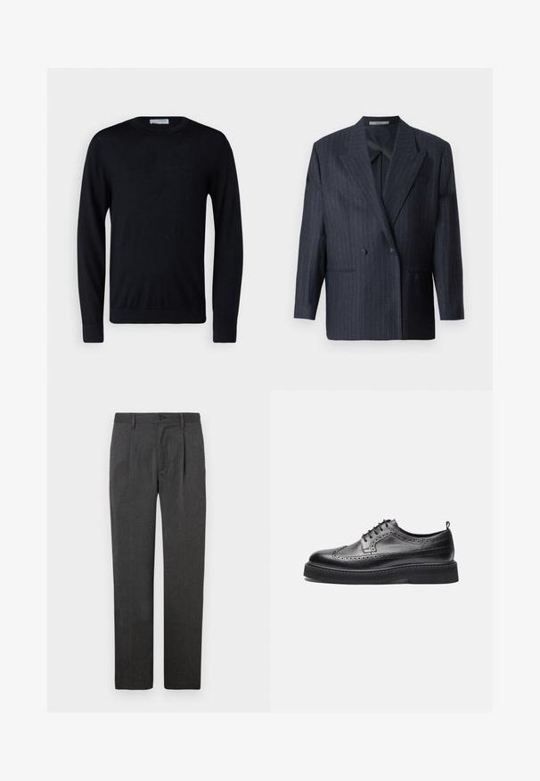 Blazer de rayas navy de doble botonadura con solapas anchas, hecho de una tela texturizada. Presenta bolsillos parche y dos botones.; Jersey negro de manga larga con cuello redondo y puños y dobladillo acanalados, mostrado sobre un fondo blanco.; Pantalones grises ajustados con un corte recto, que presentan un plisado frontal, cremallera y cierre de botón. Textura suave, diseño clásico.; Zapato brogue de cuero negro con diseño wingtip, detalles perforados, cierre de cordones, suela gruesa y tira de agarre en el talón, mostrado de lado.
