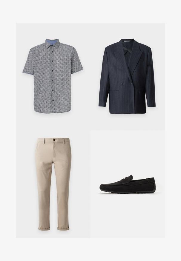 Marineblau gestreifter, doppelt geknöpfter Blazer mit breiten Revers, aus strukturiertem Stoff. Verfügt über aufgesetzte Taschen und zwei Knöpfe.; Kurzärmliges Hemd in Marineblau und Weiß mit geometrischem Muster, durchgehende Knopfleiste und kontrastierender, hellblauer Kragen und Manschetten. Leichtes Material.; Jack & Jones JPSTMARCO FURY NOOS - Chino - atmosphere; Schwarze Wildlederloafers mit runder Zehenform, gesteppten Akzenten und minimalistischem Design. Gummisohle mit strukturiertem Profil für besseren Halt.