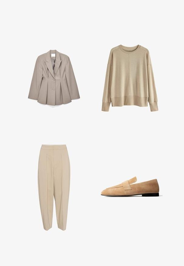 Beige skræddersyet blazer med skarpe revers, to forreste knapper og plisserede detaljer. Fremstillet af glat stof med en struktureret pasform.; Beige strikket sweater med en afslappet pasform, ribbede manchetter og kant, rund halsudskæring og dropped shoulders. Blød tekstur med minimale sømme.; Beige skræddersyede bukser med høj talje, plisseret forside og smal nederdel. Stoffet ser glat ud med en subtil glans. Ingen synlige lommer.; Lysebrun ruskindsløs loafer med en lav sort hæl og en bred remdetalje tværs over toppen, vist i sideprofil på hvid baggrund.