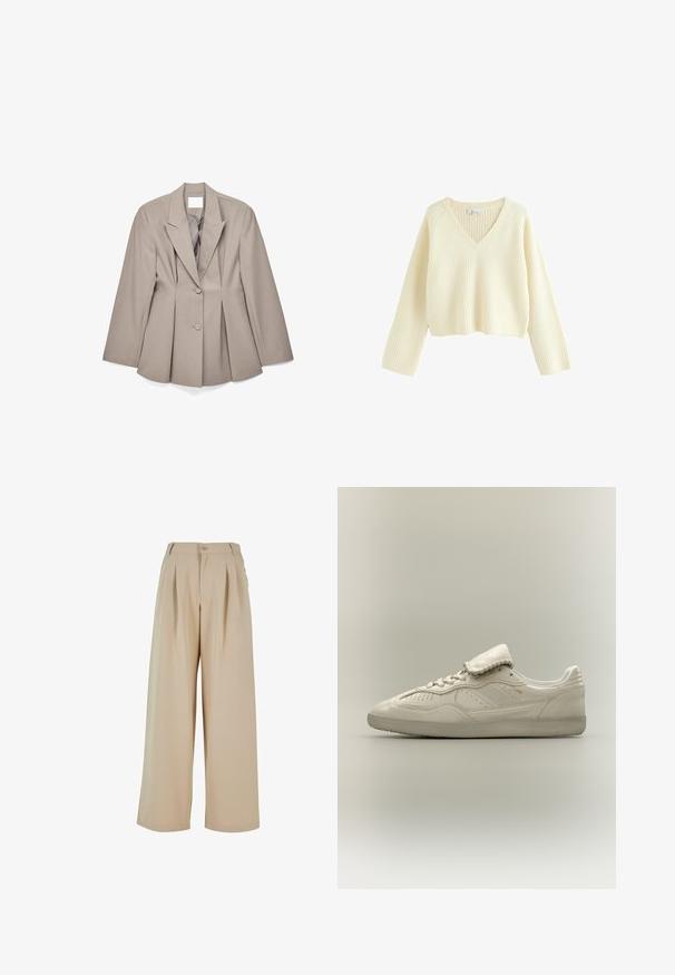Blazer beige a medida con solapas afiladas, dos botones frontales y detalles plisados. Confeccionado en tela suave con un ajuste estructurado.; Suéter corto de color crema con textura de canalé, escote en V y mangas largas. Presenta un corte holgado y un diseño sencillo.; Pantalones de pierna ancha beige con pliegues en la parte delantera, cierre de botón y una textura suave. Presenta una cinturilla entallada y bolsillos laterales.; Zapatilla baja blanca con suela texturizada, cierre con cordones en la parte delantera, lengüeta acolchada y sutil marca dorada en el lateral, mostrada sobre un fondo neutro.