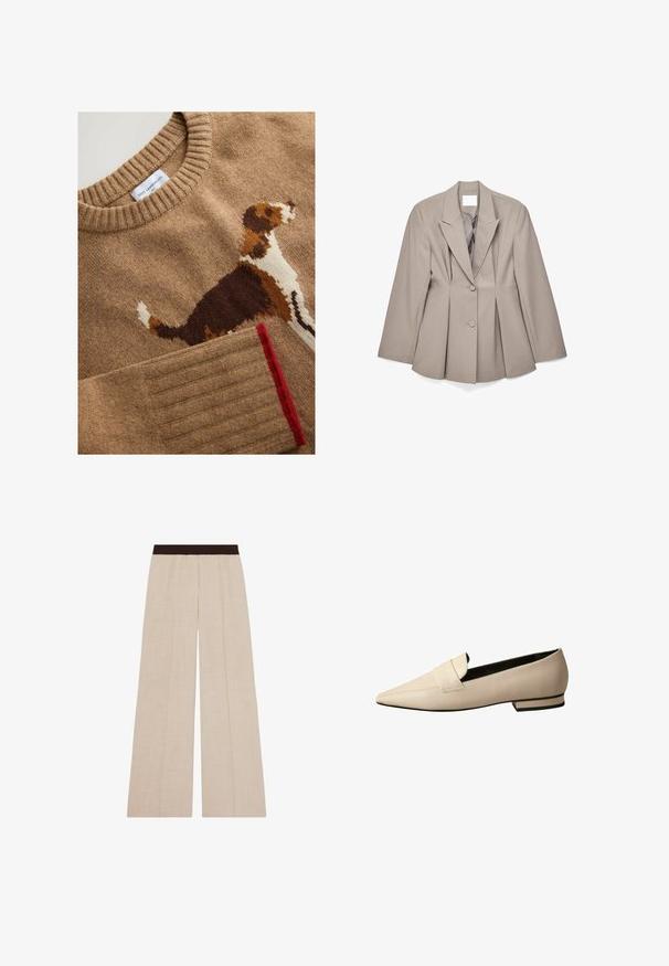 Blazer beige sur mesure avec des revers nets, deux boutons à l'avant et des détails plissés. Confectionné dans un tissu lisse avec une coupe structurée.; Pull en laine d'agneau marron clair avec un motif de chien en marron foncé, blanc et orange. Col et poignets côtelés avec un détail accentué en rouge.; Pantalon beige à jambes larges avec une ceinture élastique marron foncé, avec des détails subtils de coutures verticales.; Mocassins en cuir beige avec un bout pointu, comportant une large sangle sur le cou-de-pied et un petit talon empilé avec un accent noir.