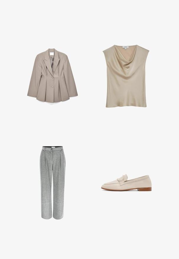 Beige op maat gemaakte blazer met scherpe revers, twee knopen aan de voorkant en geplooide details. Gemaakt van gladde stof met een gestructureerde pasvorm.; Beige satijnen mouwloze blouse met watervalhalslijn, gelabeld "REISS", getoond tegen een witte achtergrond.; Grijze, wijde broek met een gestructureerde afwerking, voorzien van voorplooien en een enkele knoopsluiting bij de taille.; Beige leren loafer met lage gestapelde bruine hak en banddetail over de bovenkant, zijaanzicht op een witte achtergrond.