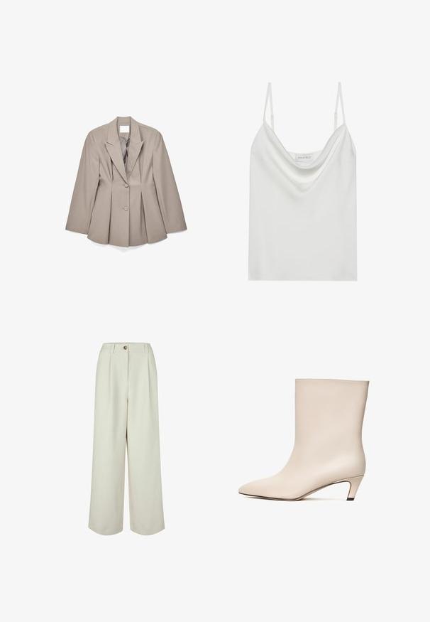 Beige op maat gemaakte blazer met scherpe revers, twee knopen aan de voorkant en geplooide details. Gemaakt van gladde stof met een gestructureerde pasvorm.; Witte satijnen camisole met een gedrapeerde halslijn, dunne verstelbare schouderbanden en een rechte zoom. Het label "ANNA FIELD" is zichtbaar aan de binnenkant.; Crème kleurige broek met hoge taille en wijde pijpen, voorzien van ceintuurlussen, knoopsluiting en voorplooien, ontworpen voor een relaxte pasvorm.; Beige leren enkelboot met een pointed toe en een conische hak. Gladde textuur met minimale stiknaden en een slanke silhouet.