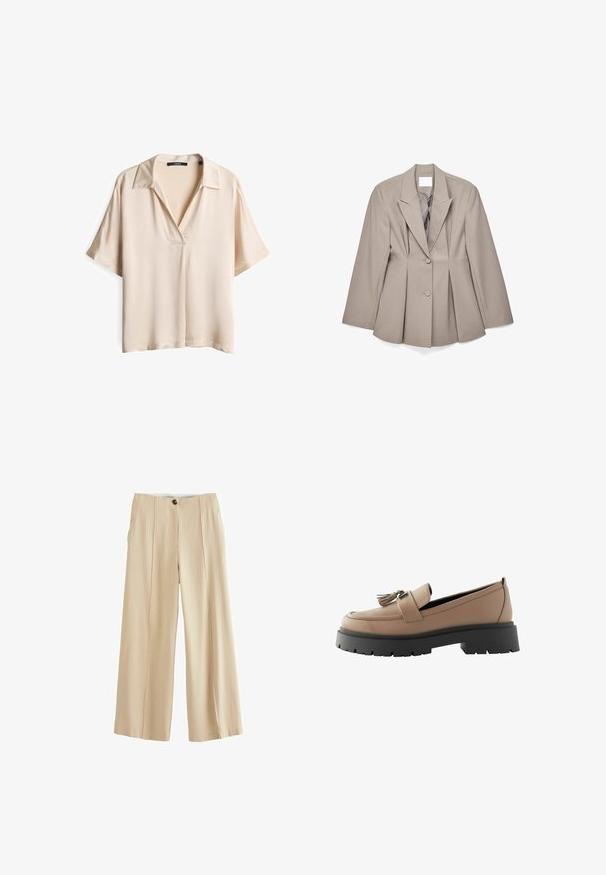Beiger, maßgeschneiderter Blazer mit scharfen Revers, zwei vorderen Knöpfen und plissierten Details. Hergestellt aus glattem Stoff mit strukturierter Passform.; Beige Bluse mit kurzen Ärmeln aus glattem Stoff, mit einem eingefassten Kragen und einem lässigen Schnitt. Die Vorderseite hat einen dezenten V-Ausschnitt.; Next PINSTRIPE WIDE PETITE - Stoffhose - neutral; Beige Lederloafers mit Quastenakzent, ausgestattet mit einer klobigen schwarzen Plateausohle und strukturiertem Obermaterial, entworfen für Komfort und Stabilität.