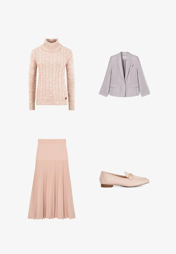 Blazer de lavanda claro con un solo botón, solapas rectas, dos bolsillos frontales y un pequeño acento triangular en el lado izquierdo.; Suéter de cuello alto de punto en suave melocotón, con patrón de cable texturizado, mangas largas y una etiqueta de marca tejida en el dobladillo.; Falda midi de color rosa claro con cintura ajustada y diseño plisado que se extiende desde la mitad de la cadera hasta el dobladillo.; Mocasín plano de cuero beige con puntera puntiaguda, tacón bajo de madera y detalle de hebilla dorada en la parte superior.