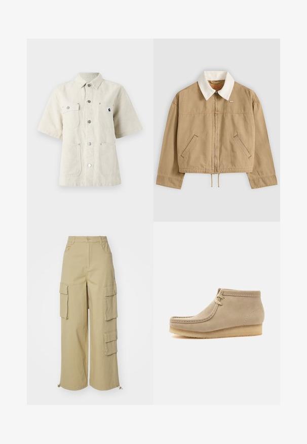 Beige lynlåsjakke med hvid kordfløjls-krave, skrå forlommer, lange ærmer og snøre i kanten, lagt fladt på en lys baggrund.; Kortærmet skjorte i lys beige stof, med spidse kraver, frontknapper, to brystlommer og et lille logomærke på venstre side.; Beige cargo bukser med brede ben, to store sidelommer, lommer foran og snoretræk detalje ved kanten. Fabrik af bomuldsblanding.; Beige ruskind-ankelstøvle med crepe sål og mokkasinsting, med to snørehuller og flad hæl.