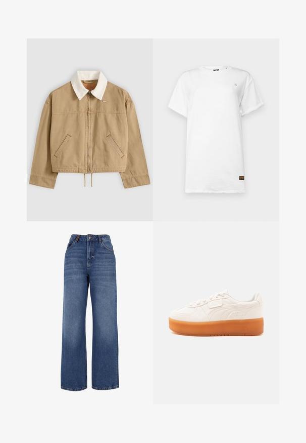Beige jas met rits, witte ribfluwelen kraag, schuine voorzakken, lange mouwen en aantrekkoord onderaan, plat neergelegd op een lichte achtergrond.; G-STAR LASH FEM LOOSE FIT - T-shirt basic - white; Wijdgesneden denim jeans van middelzware blauwe katoenstof. Bevat een klassieke vijf-pocket ontwerp en een ritssluiting met knoopsluiting.; Witte lage sneaker met veters en klittenbandsluiting, voorzien van een dikke lichtbruine zool en subtiele zijstiksels.