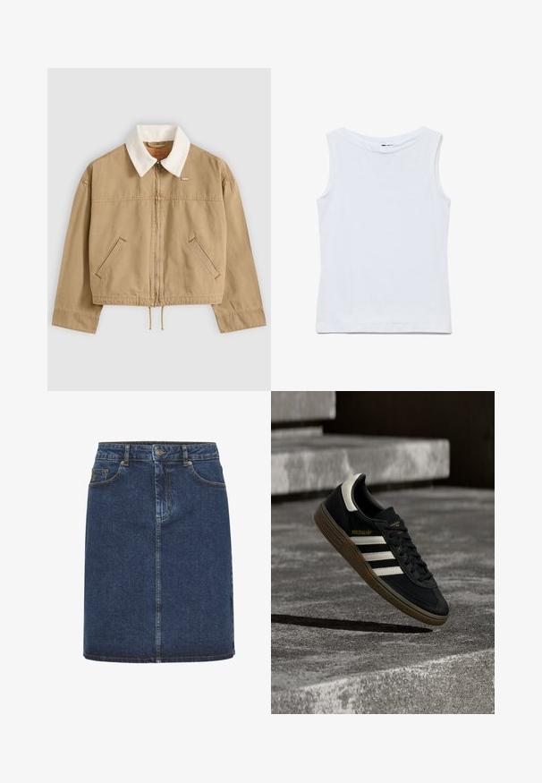 Chaqueta beige con cremallera, cuello de pana blanca, bolsillos delanteros en ángulo, mangas largas y bajo con cordón, extendida sobre fondo claro.; Camiseta blanca sin mangas de algodón con un amplio escote redondo y dobladillo recto, mostrada extendida sobre un fondo blanco.; Falda de mezclilla azul oscuro con corte recto, que cuenta con un cierre frontal de botones, trabillas para cinturón y dos bolsillos frontales. Textura suave y costuras visibles.; Zapatilla negra de Adidas con rayas blancas y suela de goma flotando sobre escalones de concreto gris a la luz natural.