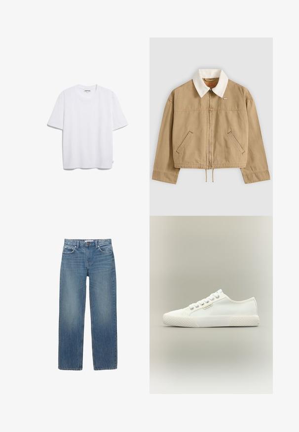 Beige Zip-Jacke mit weißem Cordkragen, schrägen Fronttaschen, langen Ärmeln und Kordelzug am Saum, flach auf hellem Hintergrund liegend.; Weißes Baumwoll-T-Shirt mit kurzen Ärmeln, runder Halslinie und lockerer Passform. Keine sichtbaren Muster oder Logos. Glatte Textur.; Hellblaue Jeans aus Denim mit geradem Schnitt, fünf Taschen und Beschlägen in Kupferfarbe. Der Stoff hat eine leichte Ausbleichung und eine glatte Textur.; Weißer Low-Top Canvas-Sneaker mit strukturierter Gummisohle, weißen Schnürsenkeln und kleinem Calvin Klein-Label an der Seite.