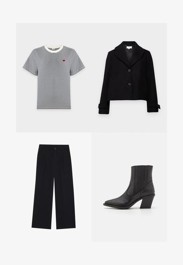 Zwarte cropped jas met een reverskraag, twee knopen aan de voorkant en knoopmanchetten. Gemaakt van stof met een gladde textuur.; Zwart-wit horizontaal gestreept T-shirt met korte mouwen, een witte kraag en een klein rood hart geborduurd op de linkerborst.; Zwart brede broek van een gladde stof. Heeft plooien aan de voorkant, een knoopsluiting en zijzakken. Eenvoudig ontwerp zonder patronen.; Zwarte enkellaars gemaakt van gestructureerd leer, met een spitse neus en een chunky, schuine hak. Elastische zijkanten voor gemakkelijk aan- en uittrekken.