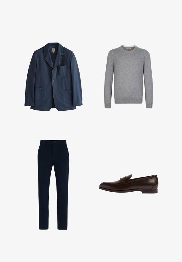 Mørkeblå herreblazer med tre knapper, tre frontlommer og en hakkrave.; Grå langærmet sweater i blødt strikket materiale. Rund halsudskæring, ribbede manchetter og kant, med et simpelt og rent design.; Marineblå chinos lavet af et blødt, holdbart stof. Har knappelukning, bæltestropper og en lige ben-design. Ingen synlige mønstre.; Brun læder loafer med rund tå, syningsdetaljer og en diskret båndaccent. Slank profil med en flad gummisål.